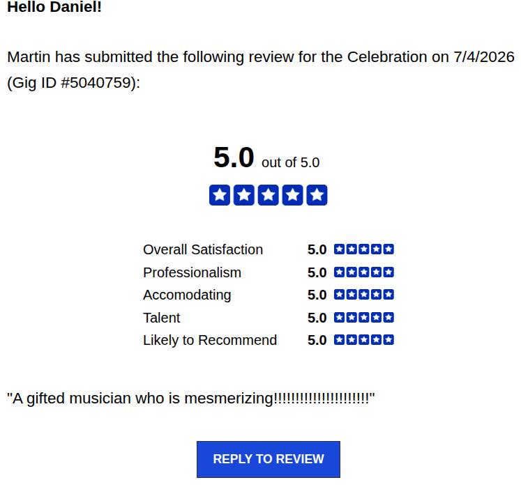 Client review for Daniel Stanislawek, guitarist