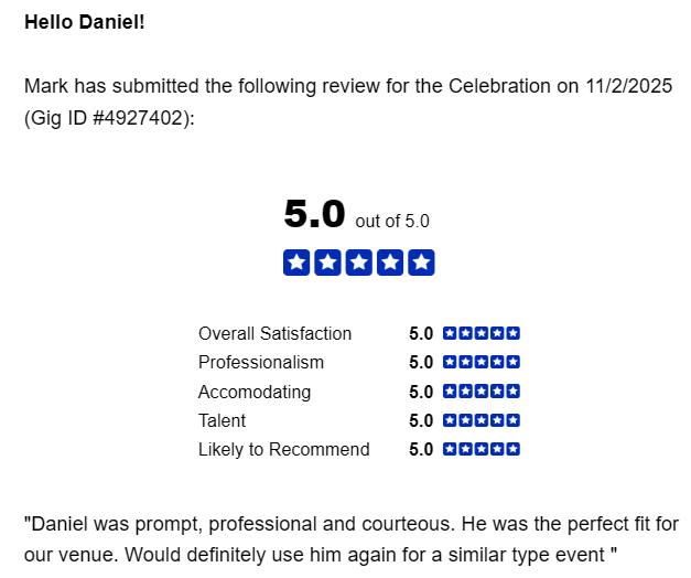 Client review for Daniel Stanislawek, guitarist