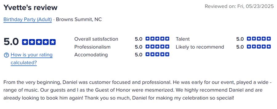 Client review for Daniel Stanislawek, guitarist
