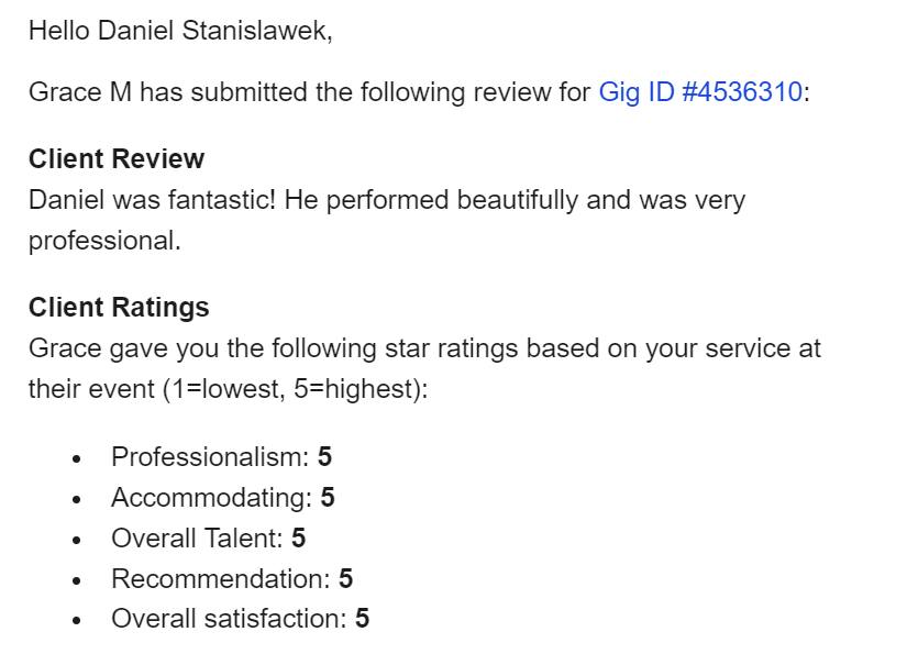 Client review for Daniel Stanislawek, guitarist