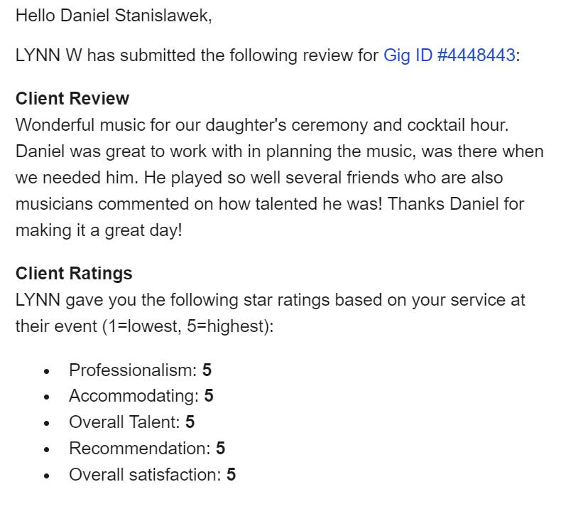 Client review for Daniel Stanislawek, guitarist