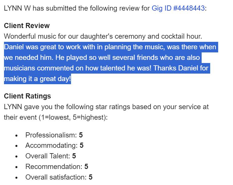 Client review for Daniel Stanislawek, guitarist