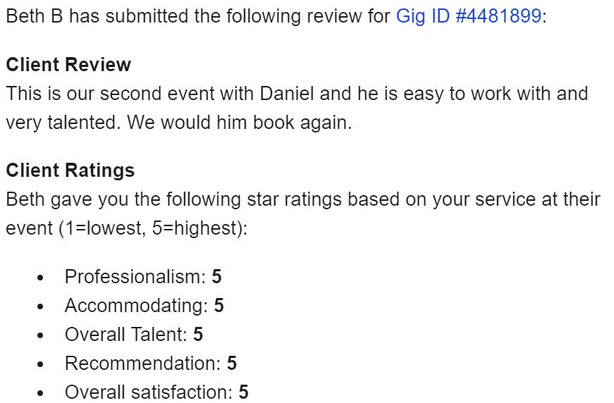 Client review for Daniel Stanislawek, guitarist