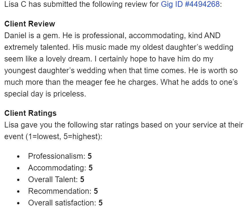 Client review for Daniel Stanislawek, guitarist