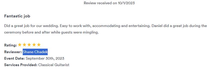 Client review for Daniel Stanislawek, guitarist