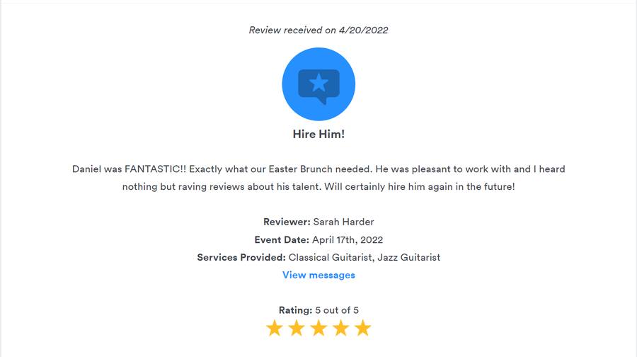 Client review for Daniel Stanislawek, guitarist