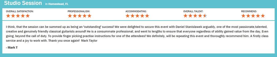 Client review for Daniel Stanislawek, guitarist