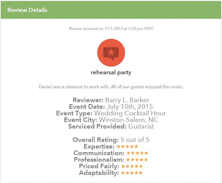 Client review for Daniel Stanislawek, guitarist