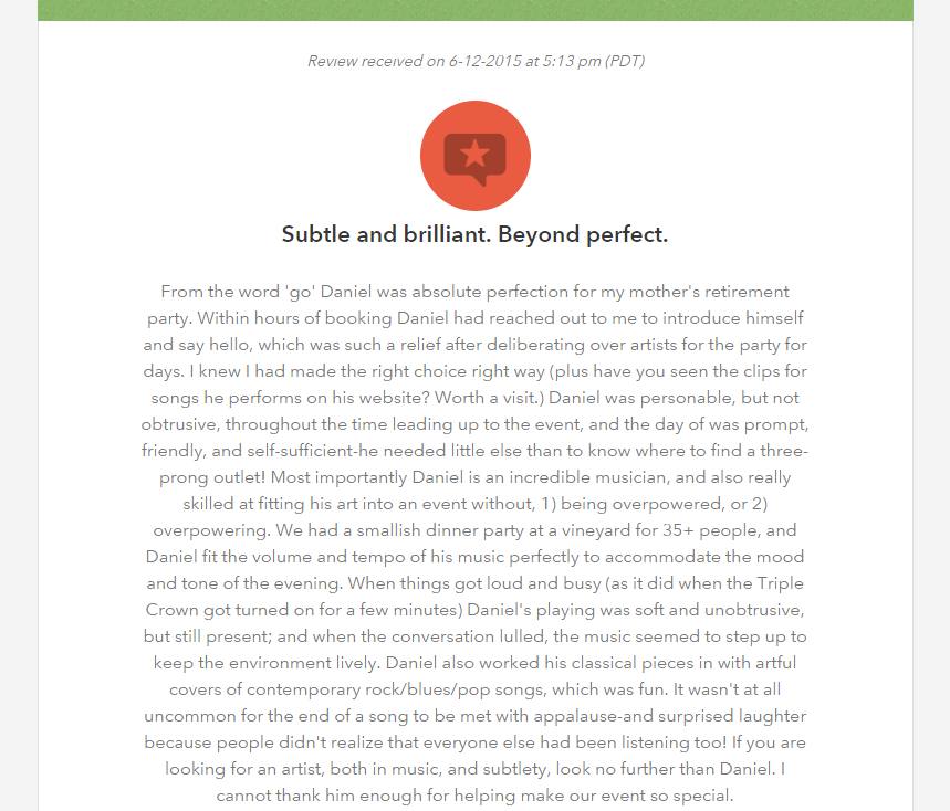 Client review for Daniel Stanislawek, guitarist