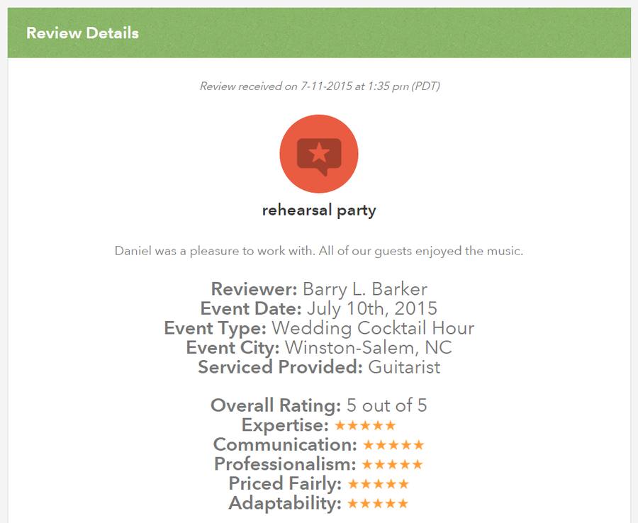 Client review for Daniel Stanislawek, guitarist